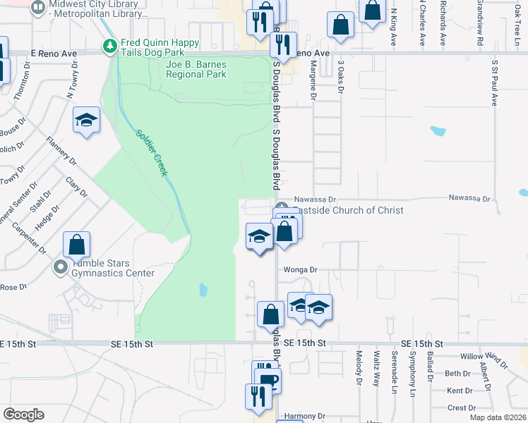 map of restaurants, bars, coffee shops, grocery stores, and more near 1020 South Douglas Boulevard in Midwest City