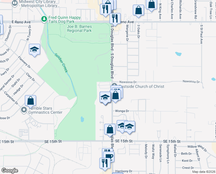 map of restaurants, bars, coffee shops, grocery stores, and more near 8916 Fairfield Greens Drive in Midwest City