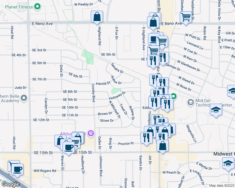 map of restaurants, bars, coffee shops, grocery stores, and more near 1936 Treat Drive in Midwest City