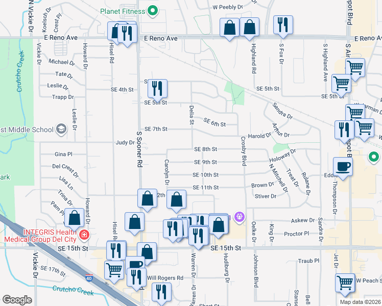 map of restaurants, bars, coffee shops, grocery stores, and more near 5912 Southeast 9th Street in Midwest City