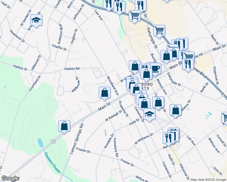 map of restaurants, bars, coffee shops, grocery stores, and more near 2306 Woodland Avenue in Sanford