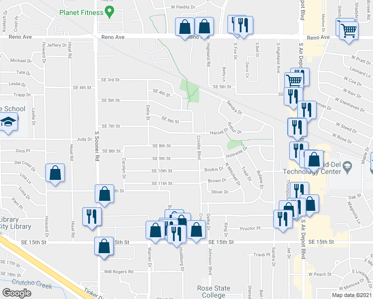 map of restaurants, bars, coffee shops, grocery stores, and more near 6208 Southeast 8th Street in Midwest City