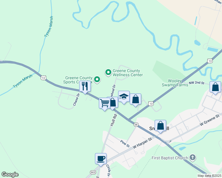map of restaurants, bars, coffee shops, grocery stores, and more near 112 Pineshoal Drive in Snow Hill
