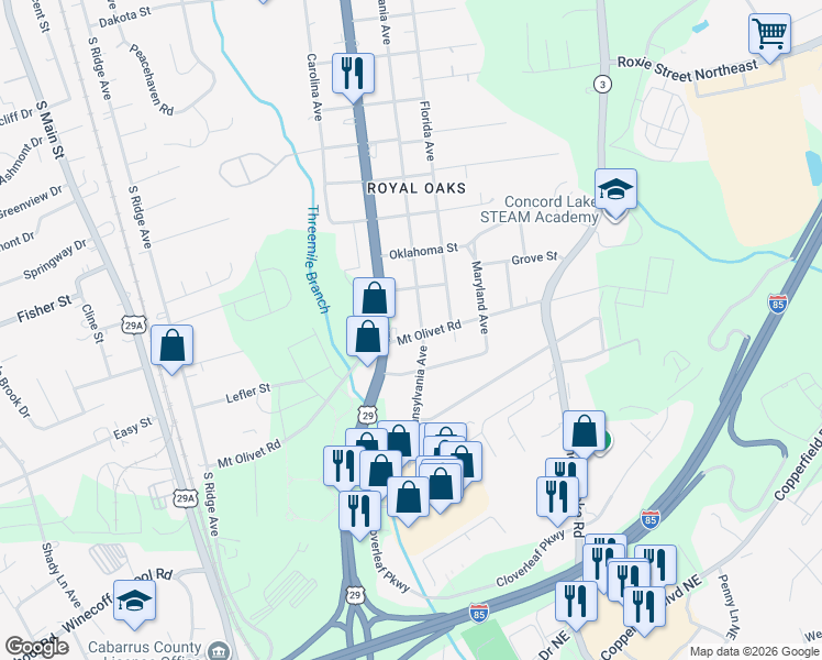 map of restaurants, bars, coffee shops, grocery stores, and more near 2850 Pennsylvania Avenue in Kannapolis