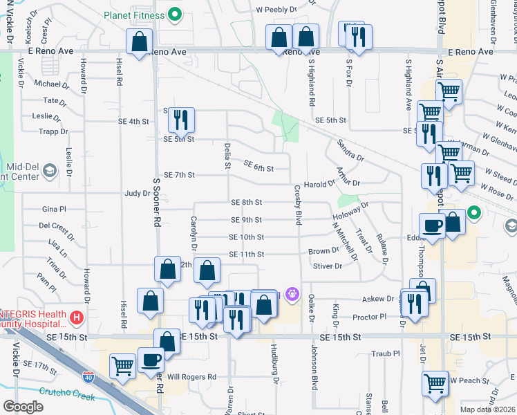 map of restaurants, bars, coffee shops, grocery stores, and more near 6112 Southeast 9th Street in Midwest City