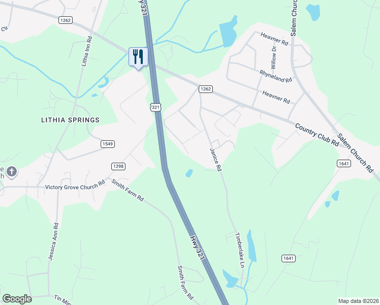 map of restaurants, bars, coffee shops, grocery stores, and more near 1310 Janice Road in Lincolnton