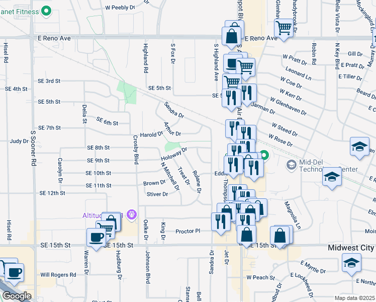 map of restaurants, bars, coffee shops, grocery stores, and more near 716 Holoway Drive in Midwest City