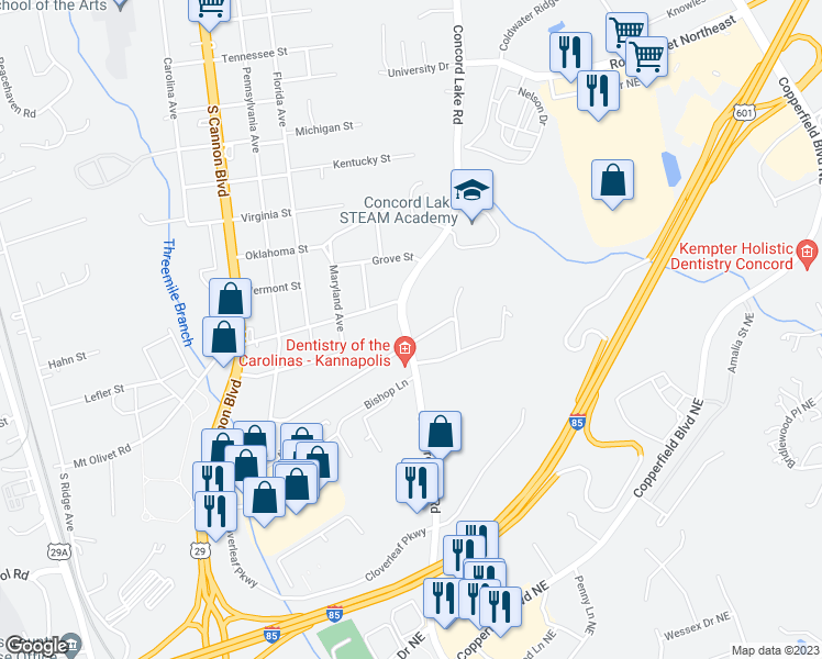 map of restaurants, bars, coffee shops, grocery stores, and more near 2107 Concord Lake Road in Kannapolis