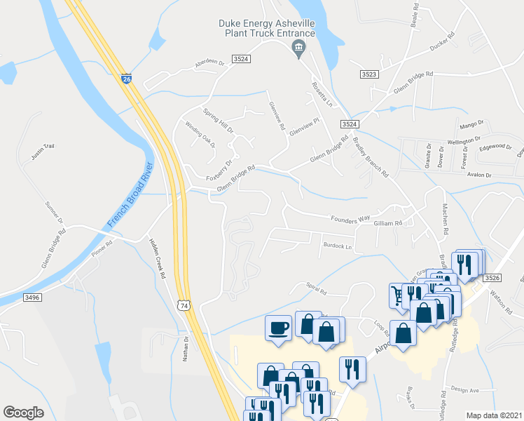 map of restaurants, bars, coffee shops, grocery stores, and more near 31 Winterhawk Drive in Arden