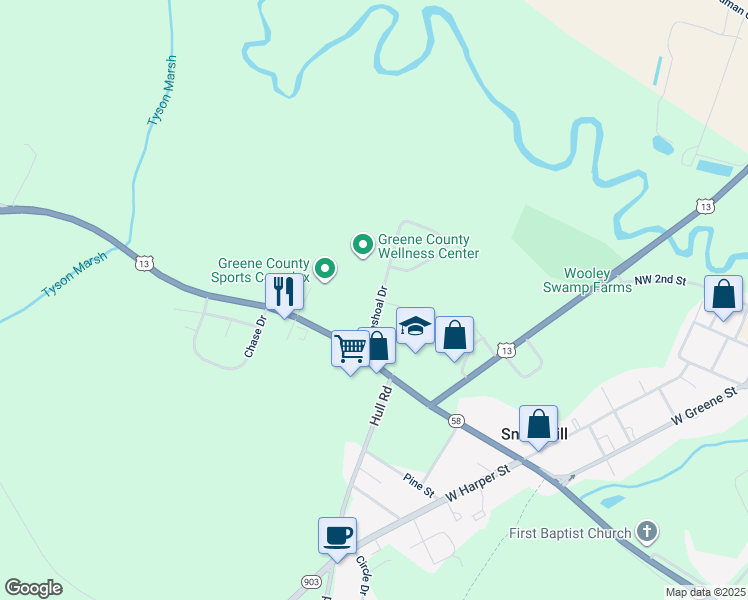 map of restaurants, bars, coffee shops, grocery stores, and more near 112 Pineshoal Drive in Snow Hill