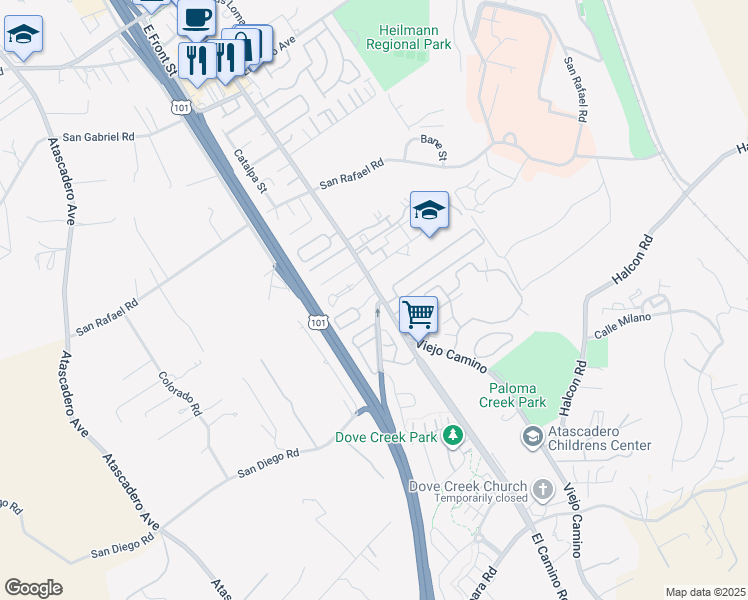 map of restaurants, bars, coffee shops, grocery stores, and more near 905 La Costa Court in Atascadero