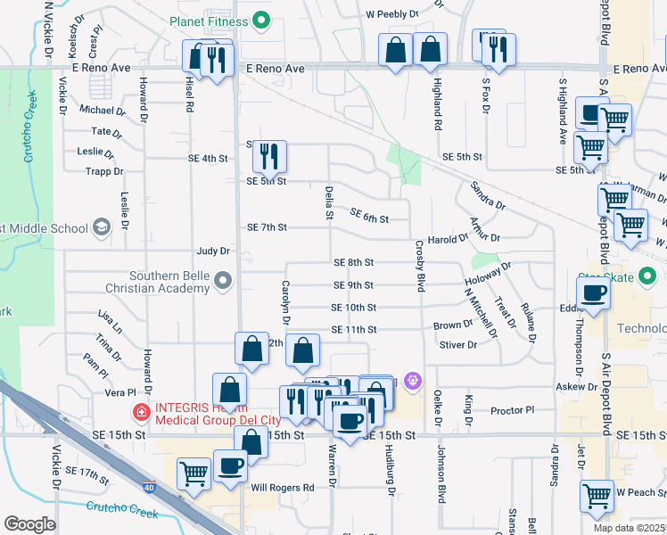 map of restaurants, bars, coffee shops, grocery stores, and more near 5904 Southeast 8th Street in Midwest City