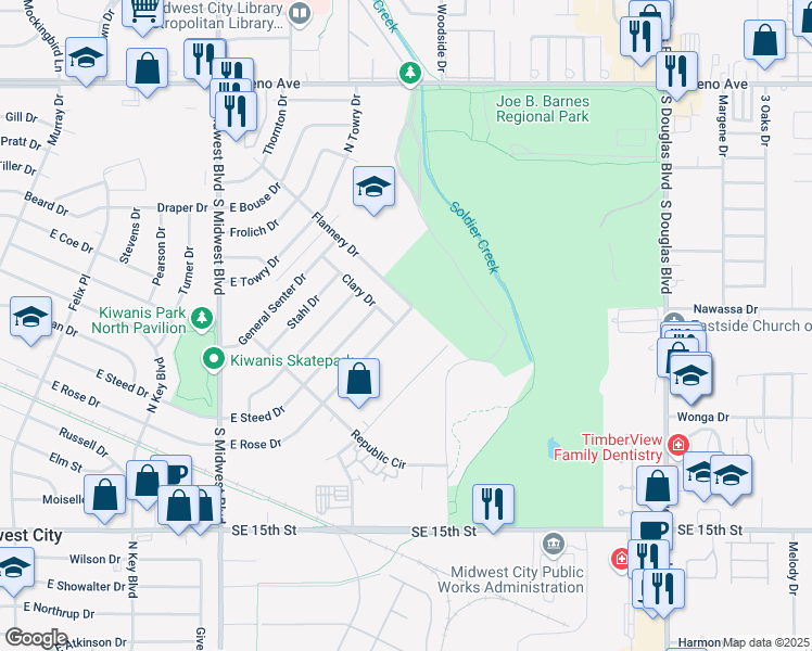 map of restaurants, bars, coffee shops, grocery stores, and more near 904 East Rose Drive in Midwest City