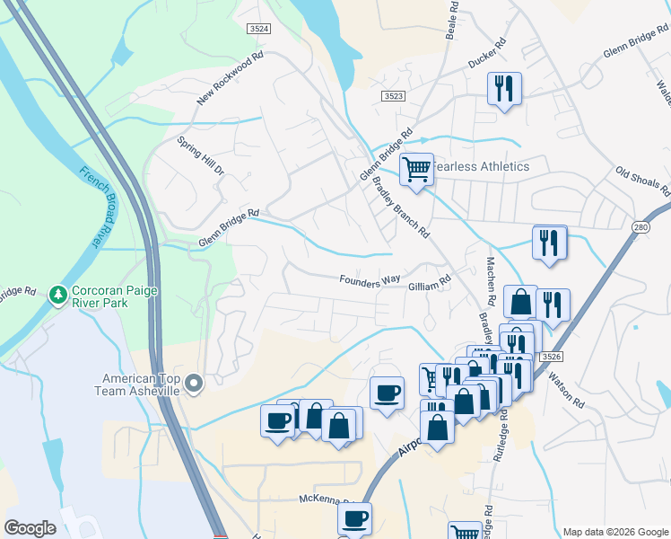 map of restaurants, bars, coffee shops, grocery stores, and more near 32 River Glenn Drive in Arden