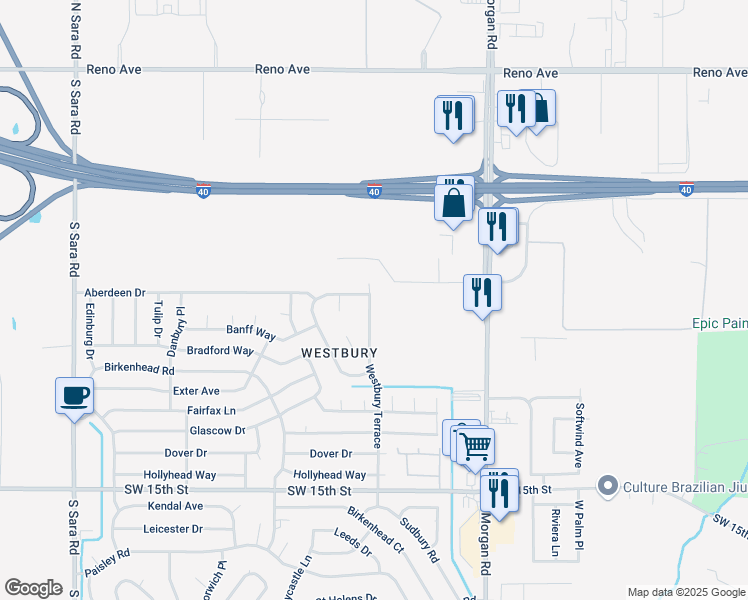 map of restaurants, bars, coffee shops, grocery stores, and more near 912 Westbury Terrace in Yukon