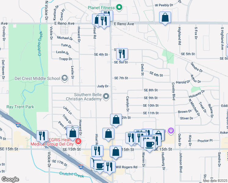 map of restaurants, bars, coffee shops, grocery stores, and more near 820 South Sooner Road in Midwest City