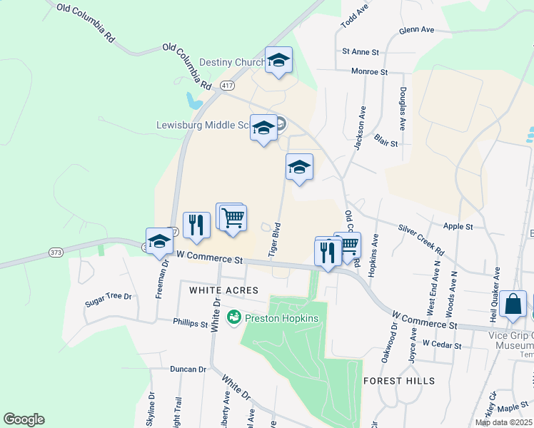 map of restaurants, bars, coffee shops, grocery stores, and more near 300-590 Tiger Boulevard in Lewisburg