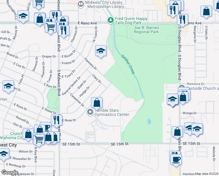 map of restaurants, bars, coffee shops, grocery stores, and more near 906 East Rose Drive in Midwest City