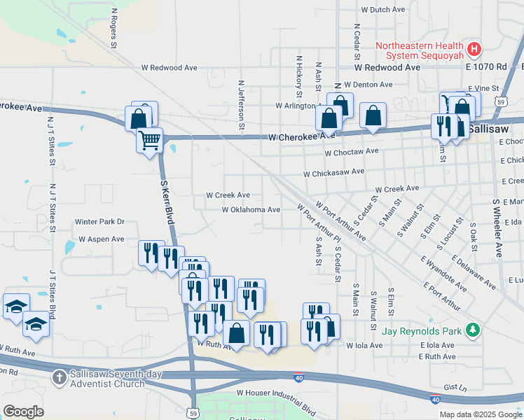 map of restaurants, bars, coffee shops, grocery stores, and more near 401 South Adams Street in Sallisaw