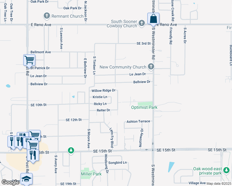 map of restaurants, bars, coffee shops, grocery stores, and more near 10621 Willow Ridge Drive in Midwest City