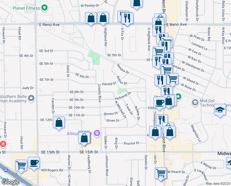 map of restaurants, bars, coffee shops, grocery stores, and more near 2028 North Mitchell Drive in Midwest City