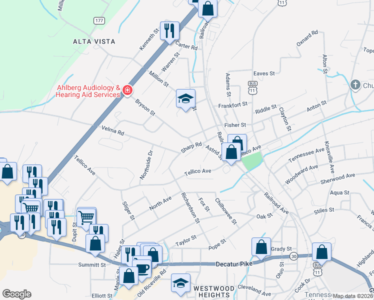 map of restaurants, bars, coffee shops, grocery stores, and more near 208 Bryson Street in Athens