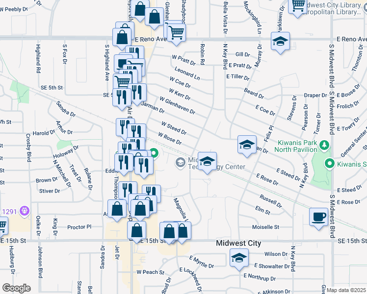 map of restaurants, bars, coffee shops, grocery stores, and more near 116 West Rose Drive in Midwest City