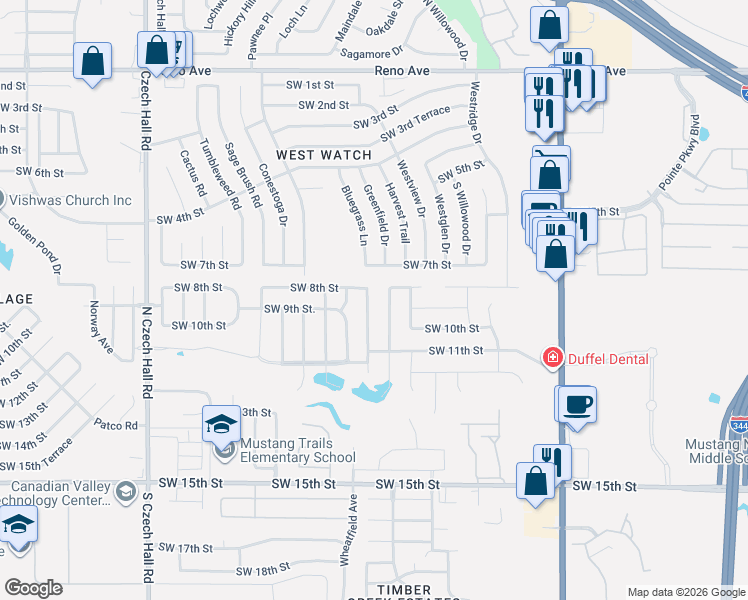 map of restaurants, bars, coffee shops, grocery stores, and more near 901 Greenfield Avenue in Yukon