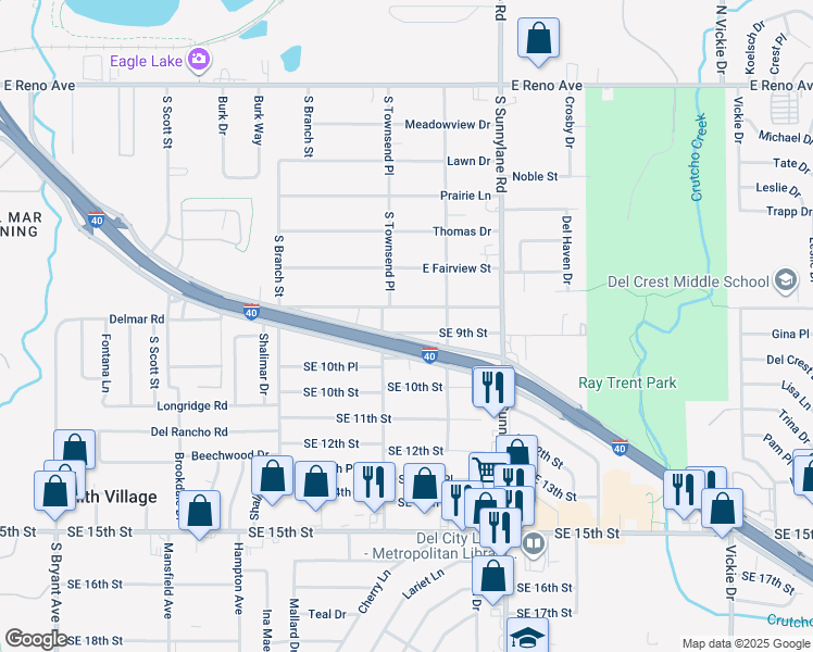 map of restaurants, bars, coffee shops, grocery stores, and more near 4002 Pearl Way in Del City