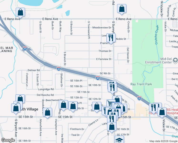 map of restaurants, bars, coffee shops, grocery stores, and more near 4002 Pearl Way in Del City