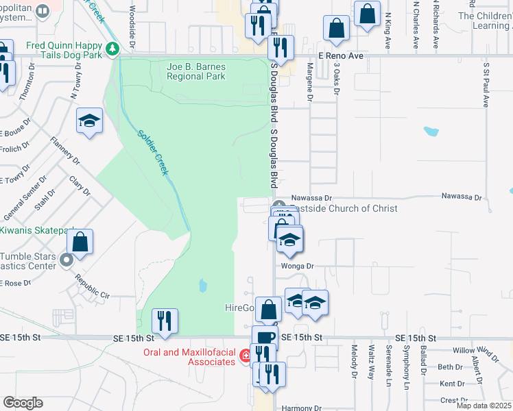 map of restaurants, bars, coffee shops, grocery stores, and more near Fairfield Greens Drive in Midwest City