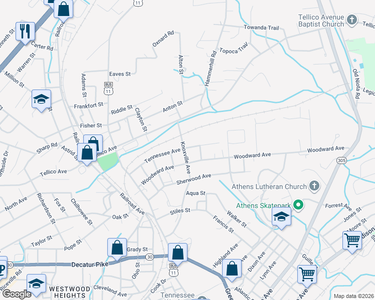 map of restaurants, bars, coffee shops, grocery stores, and more near 708 Tennessee Avenue in Athens