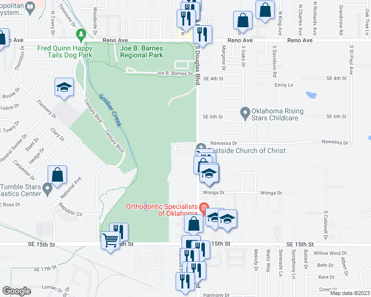 map of restaurants, bars, coffee shops, grocery stores, and more near Fairfield Greens Drive in Midwest City