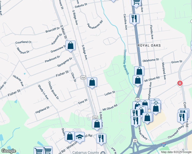 map of restaurants, bars, coffee shops, grocery stores, and more near 212 Southaven Court in Kannapolis