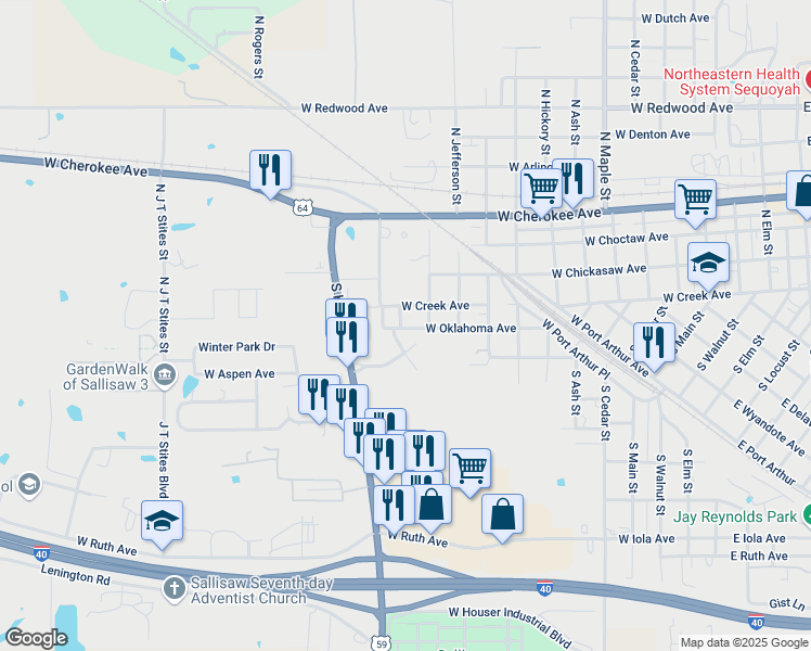 map of restaurants, bars, coffee shops, grocery stores, and more near 1210 West Creek Avenue in Sallisaw