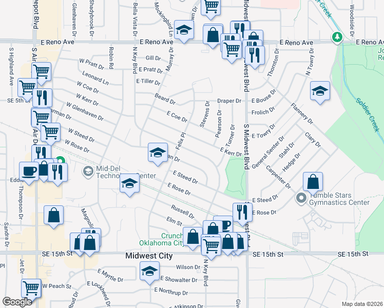 map of restaurants, bars, coffee shops, grocery stores, and more near 314 East Key Boulevard in Midwest City