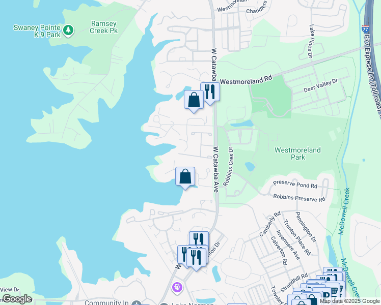 map of restaurants, bars, coffee shops, grocery stores, and more near in Cornelius