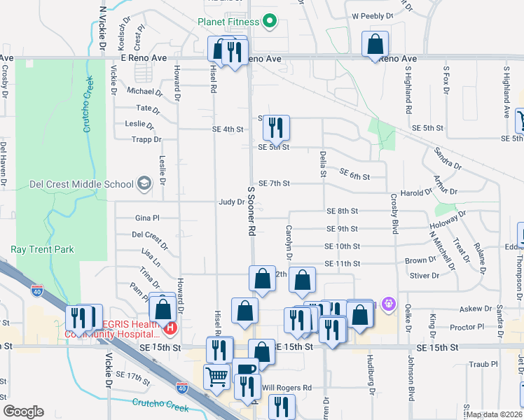 map of restaurants, bars, coffee shops, grocery stores, and more near 808 South Sooner Road in Midwest City