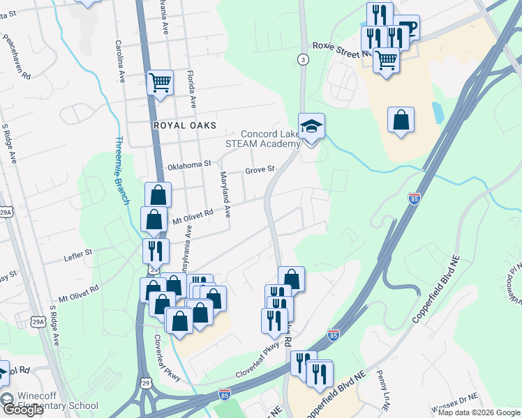 map of restaurants, bars, coffee shops, grocery stores, and more near 1114 Mount Olivet Road in Kannapolis