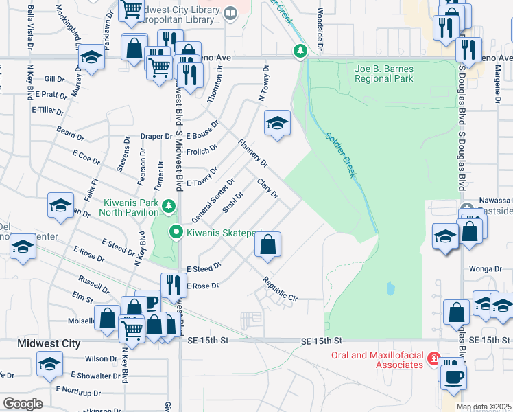 map of restaurants, bars, coffee shops, grocery stores, and more near 832 Hedge Drive in Midwest City