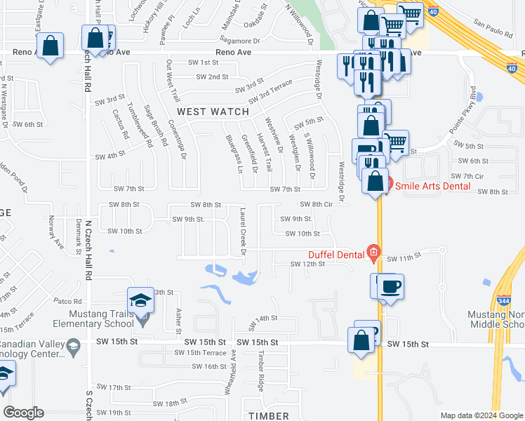 map of restaurants, bars, coffee shops, grocery stores, and more near 908 Greenfield Avenue in Yukon