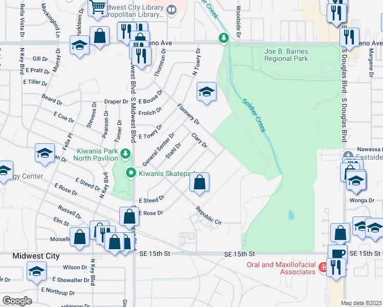 map of restaurants, bars, coffee shops, grocery stores, and more near 832 Hedge Drive in Midwest City