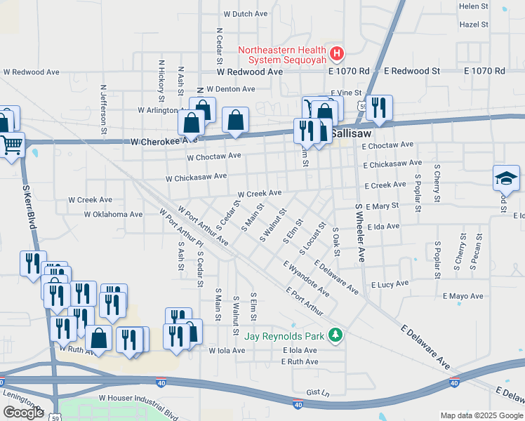 map of restaurants, bars, coffee shops, grocery stores, and more near 208 South Main Street in Sallisaw