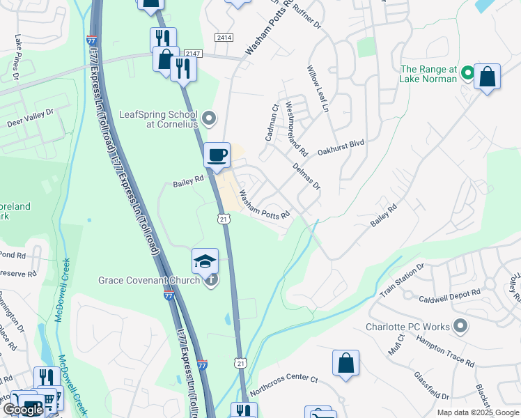 map of restaurants, bars, coffee shops, grocery stores, and more near 18554 Oakhurst Boulevard in Cornelius