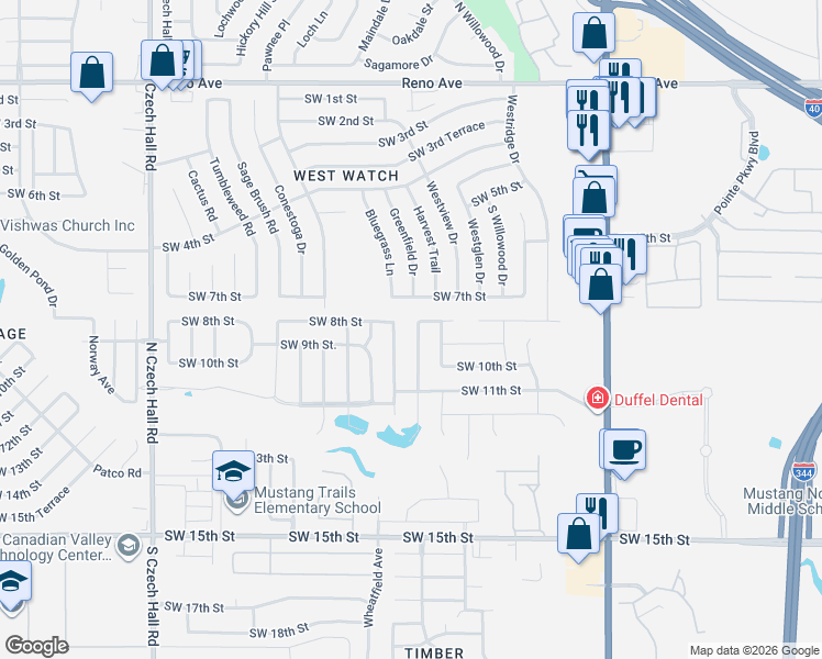 map of restaurants, bars, coffee shops, grocery stores, and more near 901 Greenfield Avenue in Yukon