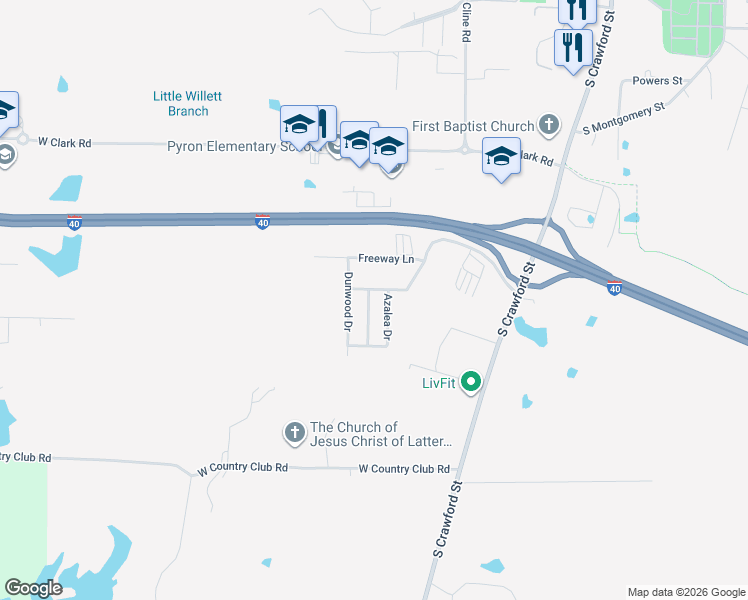 map of restaurants, bars, coffee shops, grocery stores, and more near 1814 Sagewood Drive in Clarksville