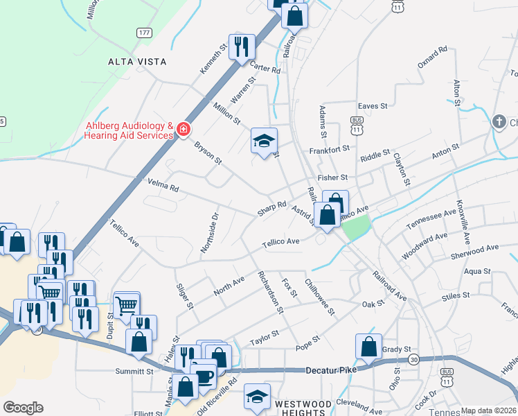 map of restaurants, bars, coffee shops, grocery stores, and more near 120 Sharp Road in Athens