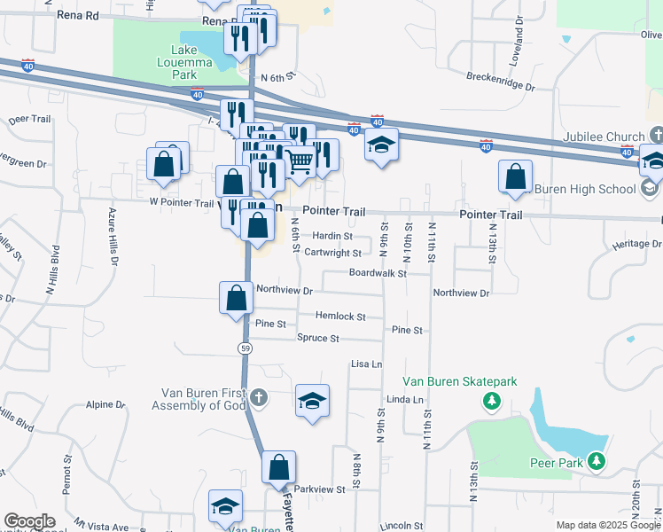 map of restaurants, bars, coffee shops, grocery stores, and more near 703 Boardwalk Street in Van Buren