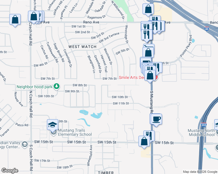 map of restaurants, bars, coffee shops, grocery stores, and more near 11645 Southwest 8th Street in Yukon