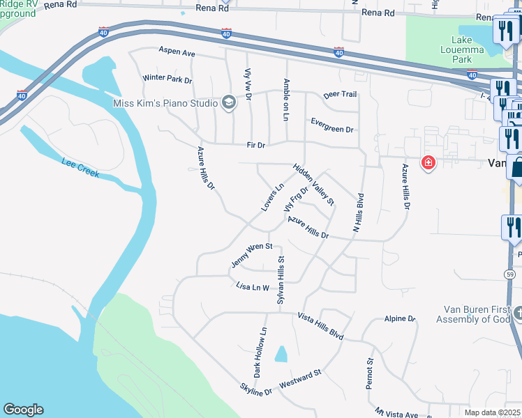 map of restaurants, bars, coffee shops, grocery stores, and more near 1305 Lovers Lane in Van Buren